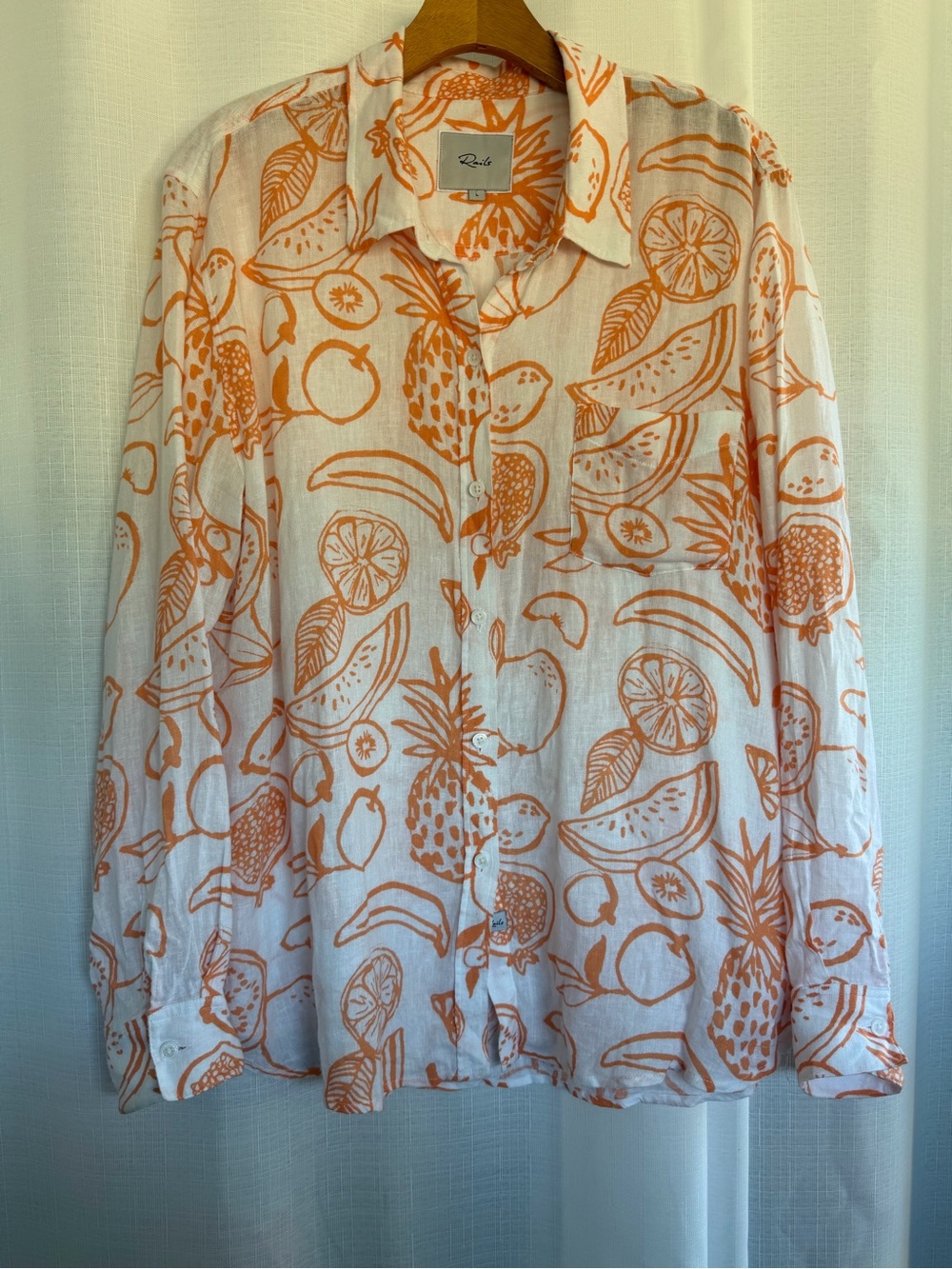 Rails Charli Orange Painted Fruits Linen Blend Button Down Shirt Large
